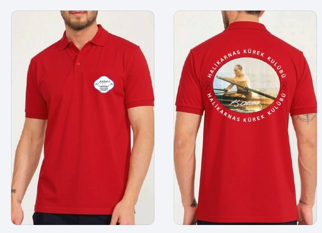 Unisex Kırmızı Yakalı Pamuklu Kumaş Atatürk Resimli ve Logolu Tshirt